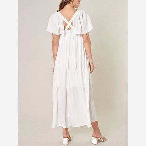 White Flutter Sleeve Midi Dress